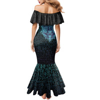 Viking Warrior and Raven Norse Mythology Mermaid Dress Neon Line Art with Rune Patterns