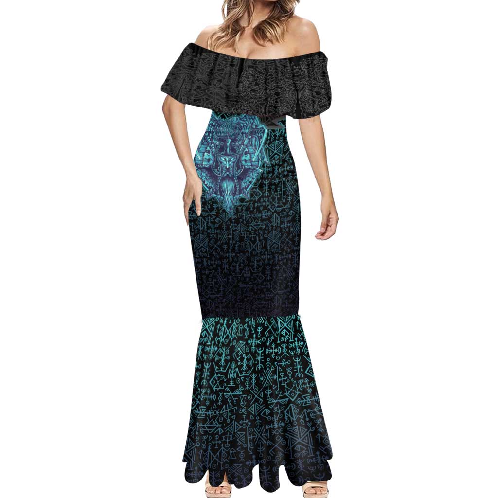 Viking Warrior and Raven Norse Mythology Mermaid Dress Neon Line Art with Rune Patterns