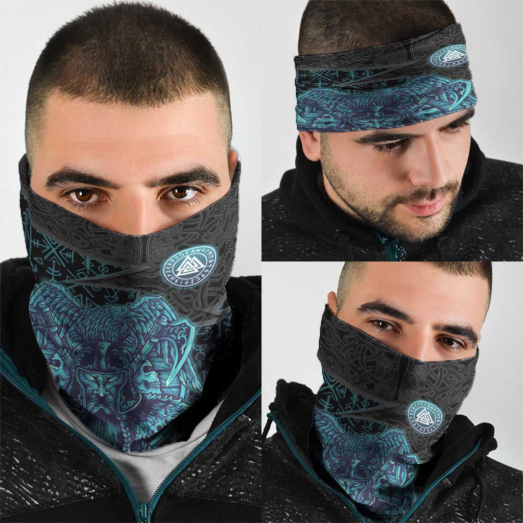 Viking Warrior and Raven Norse Mythology Neck Gaiter Neon Line Art with Rune Patterns