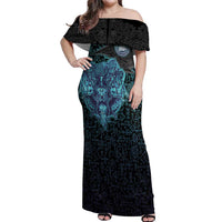 Viking Warrior and Raven Norse Mythology Off Shoulder Maxi Dress Neon Line Art with Rune Patterns