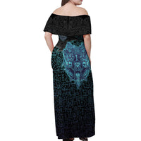 Viking Warrior and Raven Norse Mythology Off Shoulder Maxi Dress Neon Line Art with Rune Patterns
