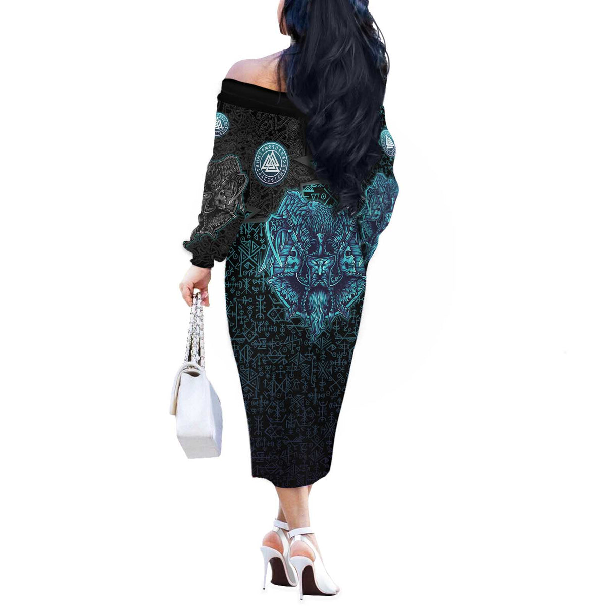 Viking Warrior and Raven Norse Mythology Off The Shoulder Long Sleeve Dress Neon Line Art with Rune Patterns