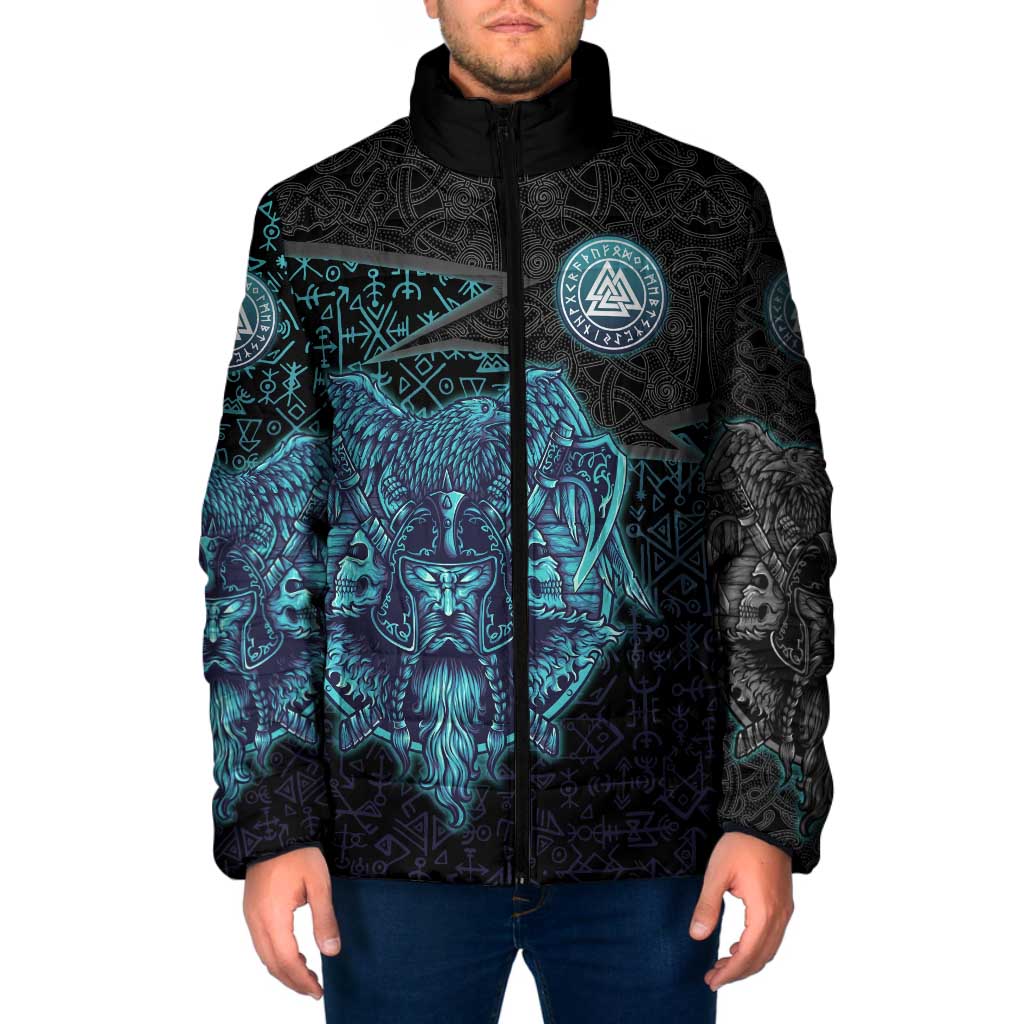 Viking Warrior and Raven Norse Mythology Padded Jacket Neon Line Art with Rune Patterns