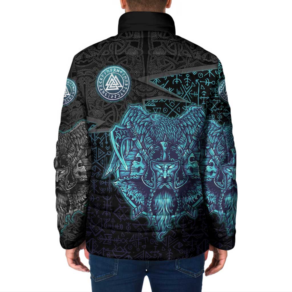 Viking Warrior and Raven Norse Mythology Padded Jacket Neon Line Art with Rune Patterns
