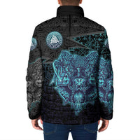 Viking Warrior and Raven Norse Mythology Padded Jacket Neon Line Art with Rune Patterns
