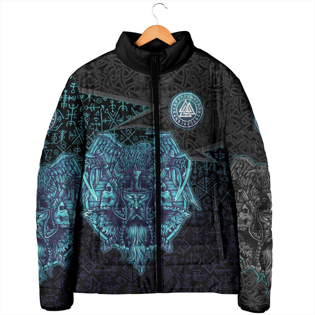 Viking Warrior and Raven Norse Mythology Padded Jacket Neon Line Art with Rune Patterns