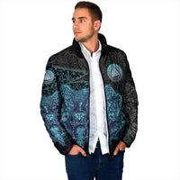 Viking Warrior and Raven Norse Mythology Padded Jacket Neon Line Art with Rune Patterns