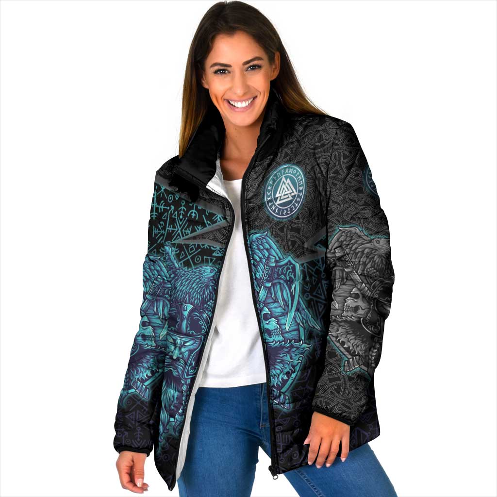 Viking Warrior and Raven Norse Mythology Padded Jacket Neon Line Art with Rune Patterns
