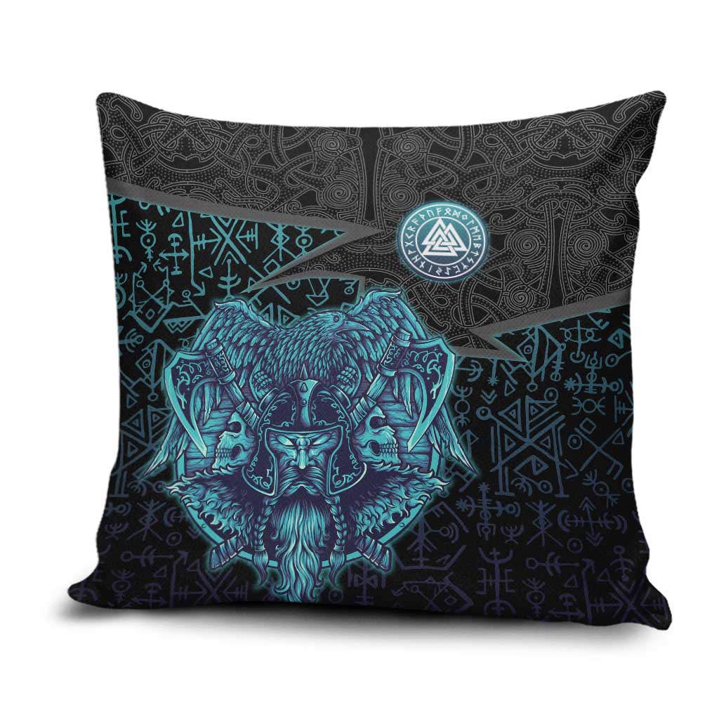 Viking Warrior and Raven Norse Mythology Pillow Cover Neon Line Art with Rune Patterns