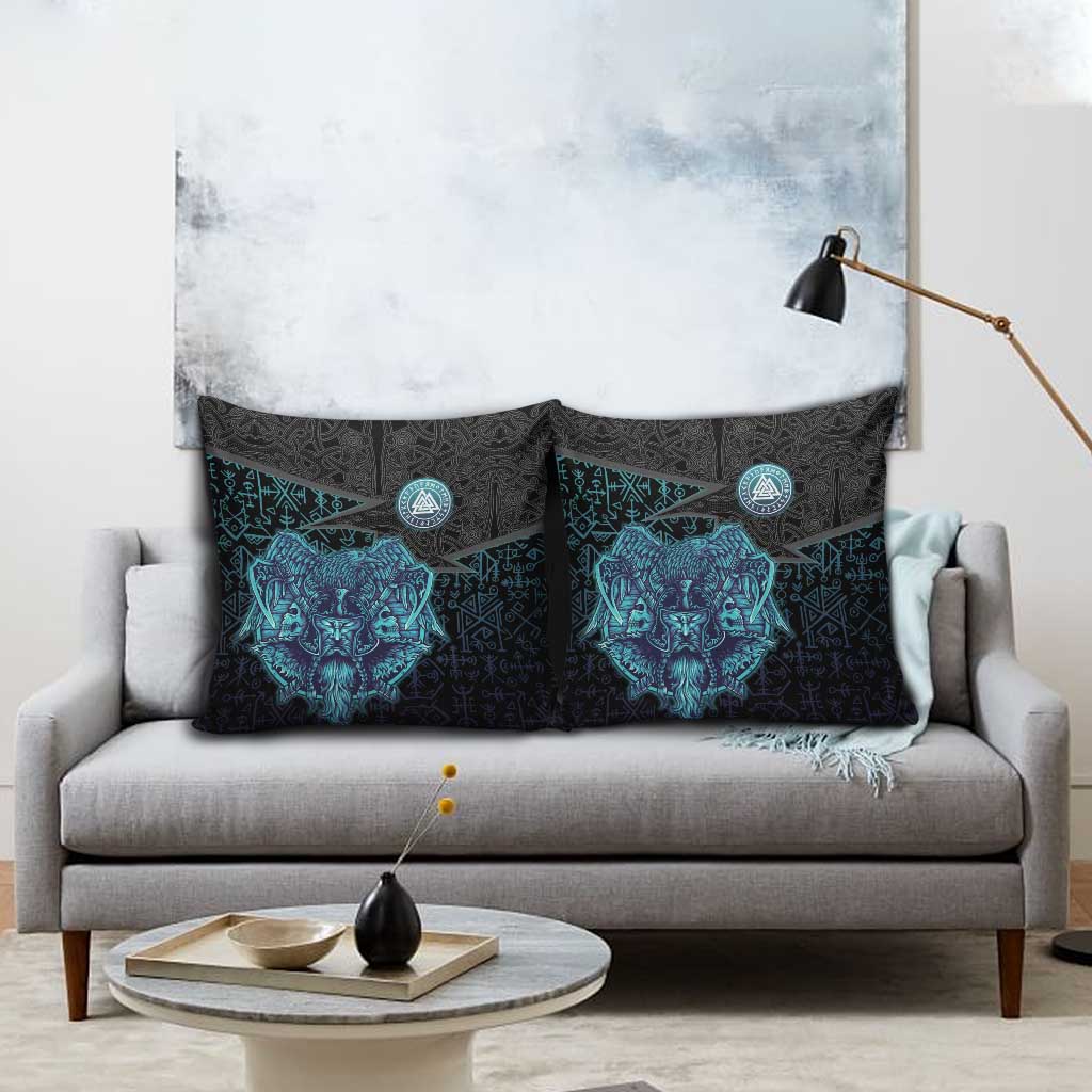 Viking Warrior and Raven Norse Mythology Pillow Cover Neon Line Art with Rune Patterns
