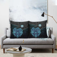 Viking Warrior and Raven Norse Mythology Pillow Cover Neon Line Art with Rune Patterns