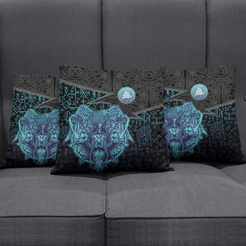 Viking Warrior and Raven Norse Mythology Pillow Cover Neon Line Art with Rune Patterns