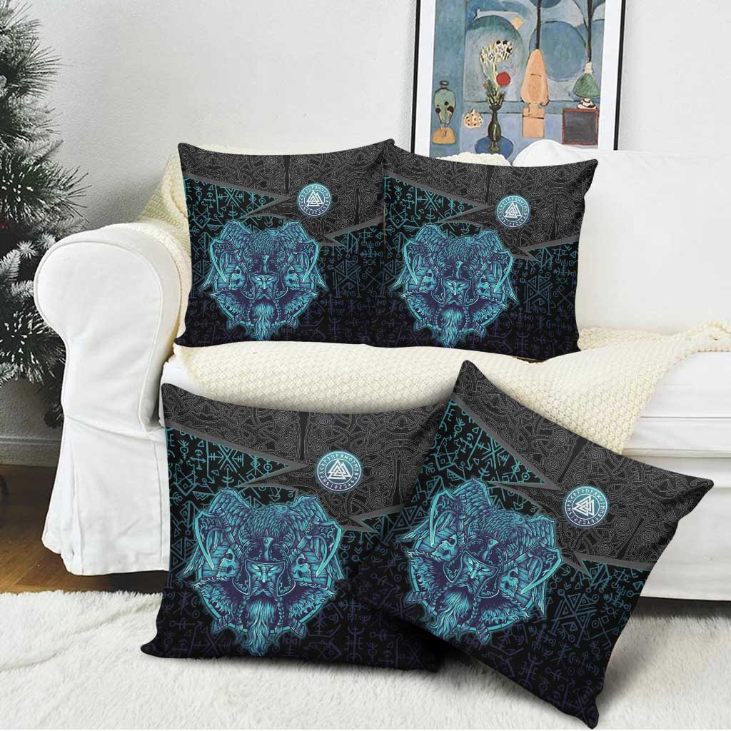 Viking Warrior and Raven Norse Mythology Pillow Cover Neon Line Art with Rune Patterns