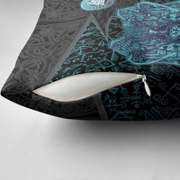 Viking Warrior and Raven Norse Mythology Pillow Cover Neon Line Art with Rune Patterns
