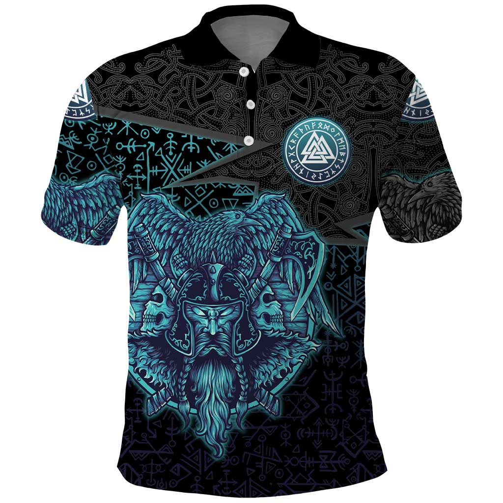 Viking Warrior and Raven Norse Mythology Polo Shirt Neon Line Art with Rune Patterns
