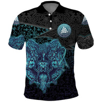 Viking Warrior and Raven Norse Mythology Polo Shirt Neon Line Art with Rune Patterns