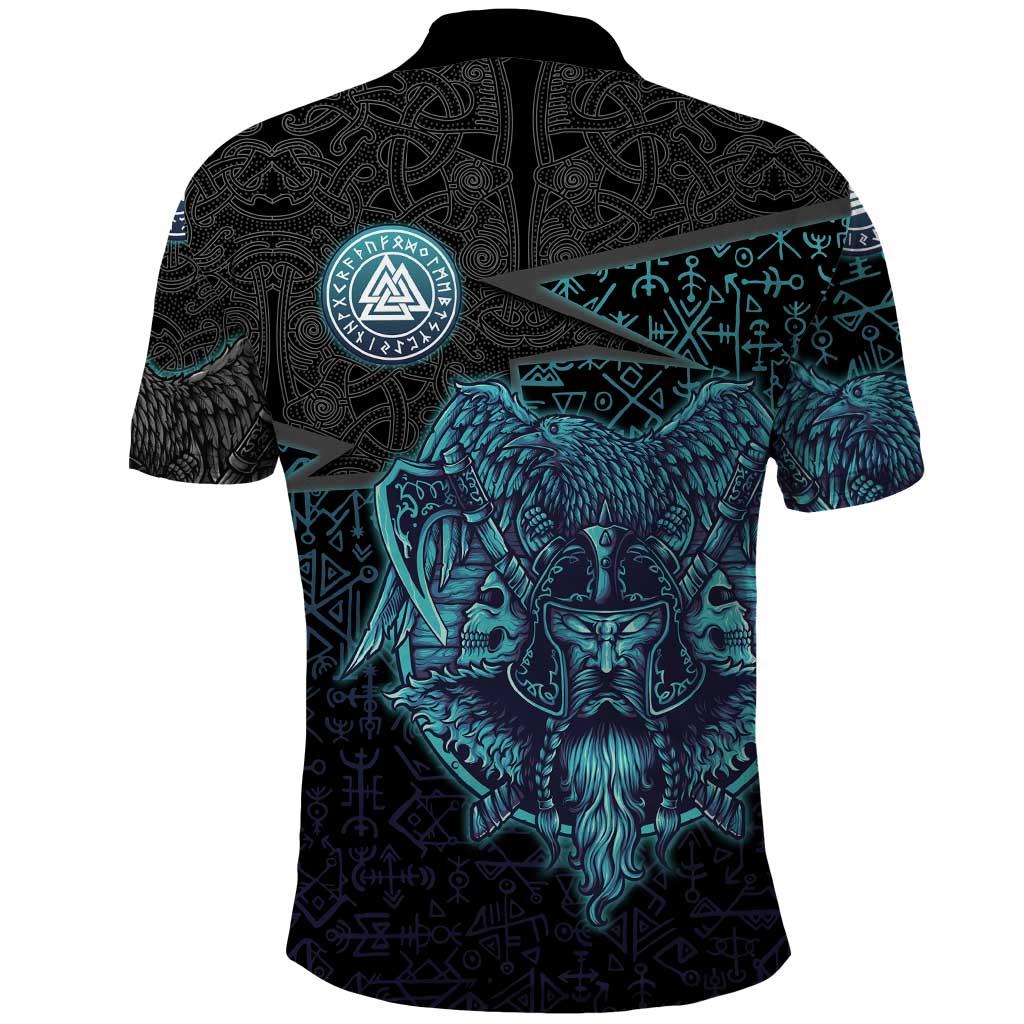 Viking Warrior and Raven Norse Mythology Polo Shirt Neon Line Art with Rune Patterns
