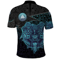 Viking Warrior and Raven Norse Mythology Polo Shirt Neon Line Art with Rune Patterns