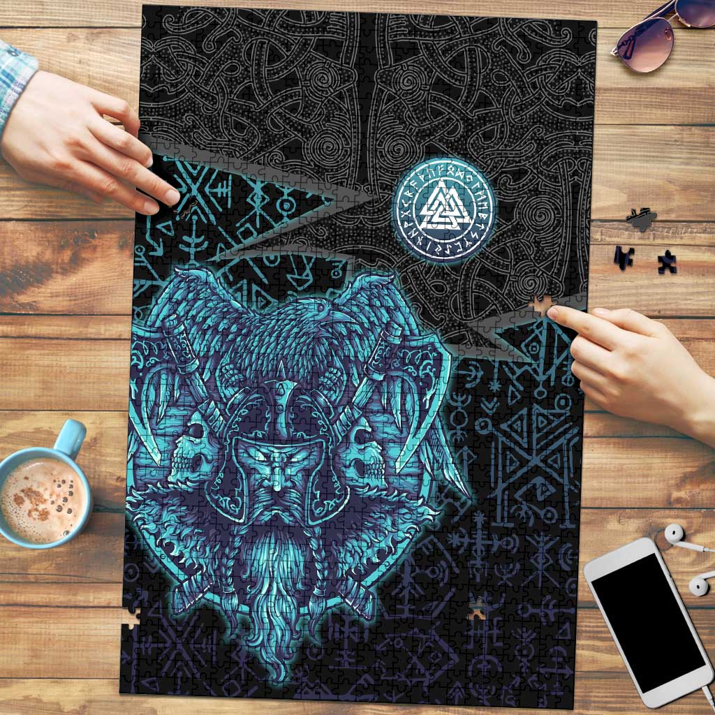 Viking Warrior and Raven Norse Mythology Puzzle Neon Line Art with Rune Patterns