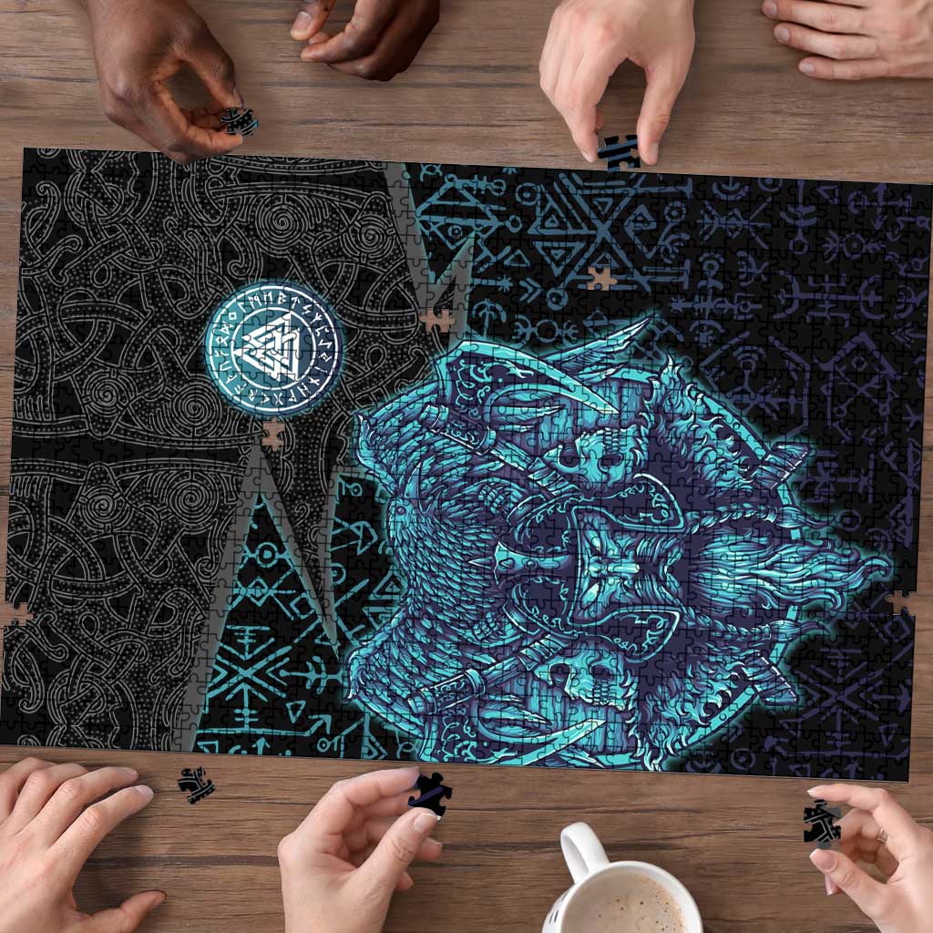 Viking Warrior and Raven Norse Mythology Puzzle Neon Line Art with Rune Patterns