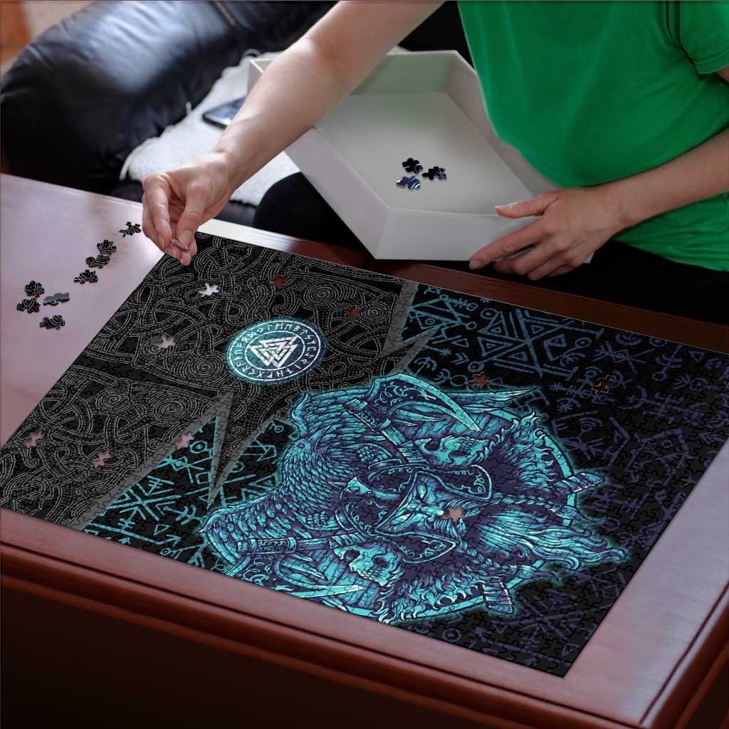 Viking Warrior and Raven Norse Mythology Puzzle Neon Line Art with Rune Patterns