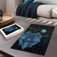 Viking Warrior and Raven Norse Mythology Puzzle Neon Line Art with Rune Patterns