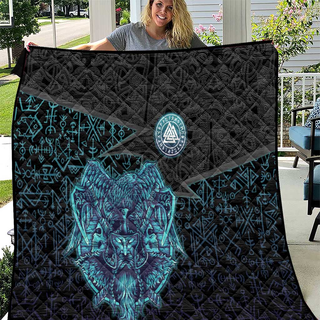 Viking Warrior and Raven Norse Mythology Quilt Neon Line Art with Rune Patterns