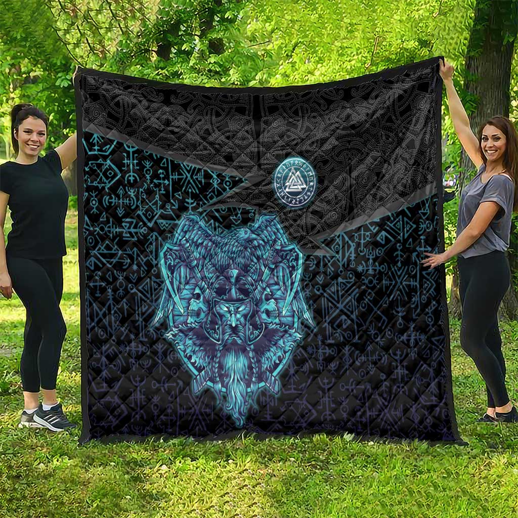 Viking Warrior and Raven Norse Mythology Quilt Neon Line Art with Rune Patterns