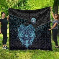 Viking Warrior and Raven Norse Mythology Quilt Neon Line Art with Rune Patterns