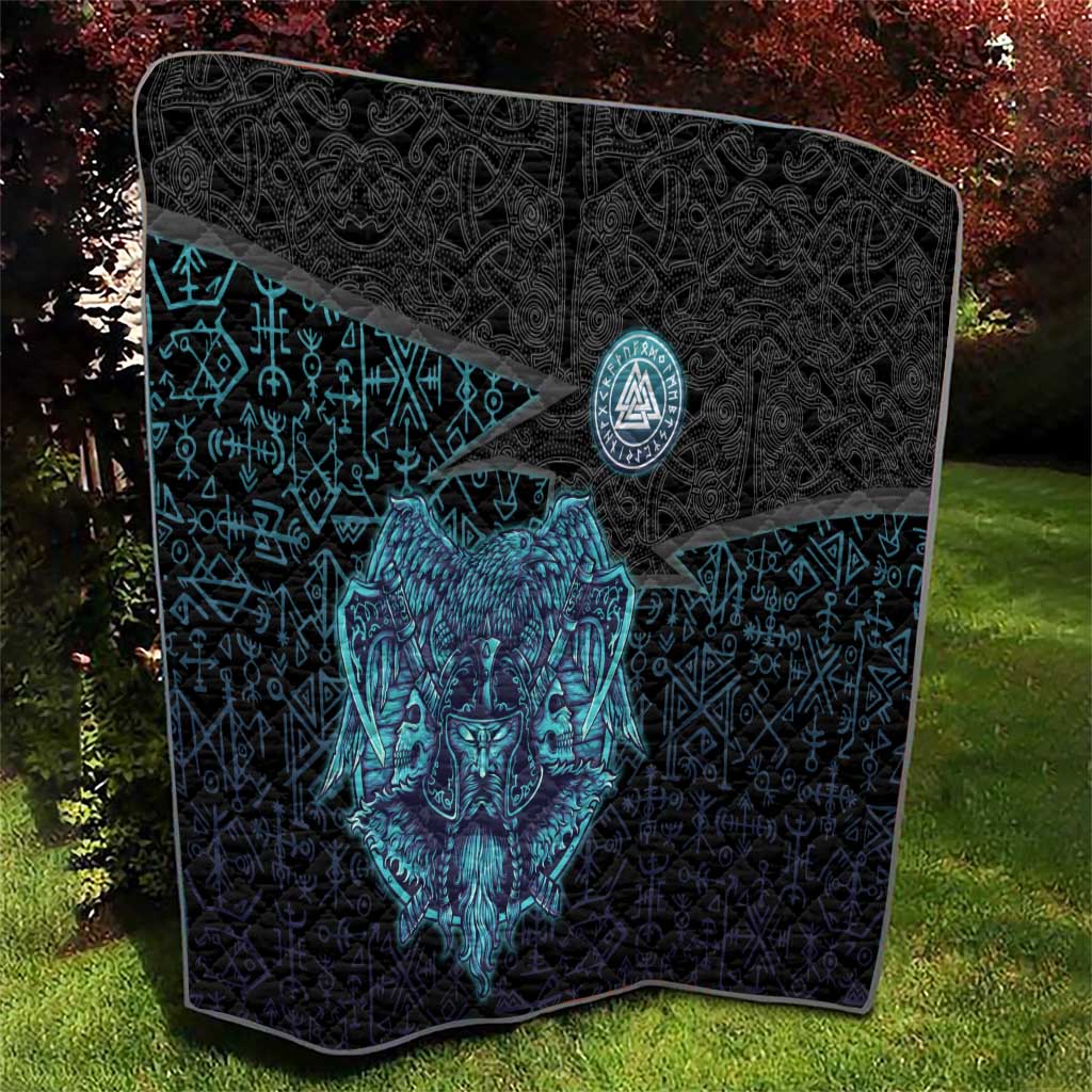 Viking Warrior and Raven Norse Mythology Quilt Neon Line Art with Rune Patterns