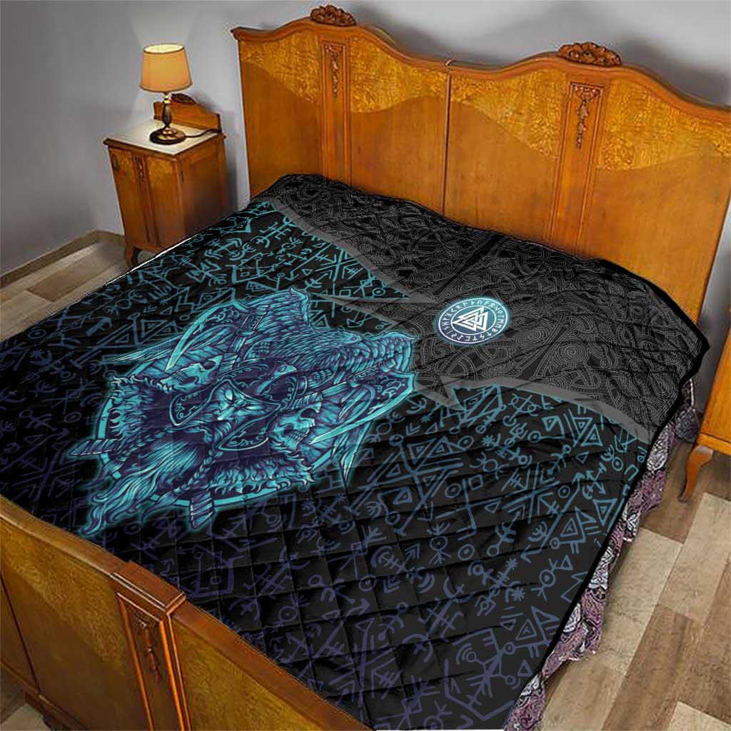 Viking Warrior and Raven Norse Mythology Quilt Neon Line Art with Rune Patterns