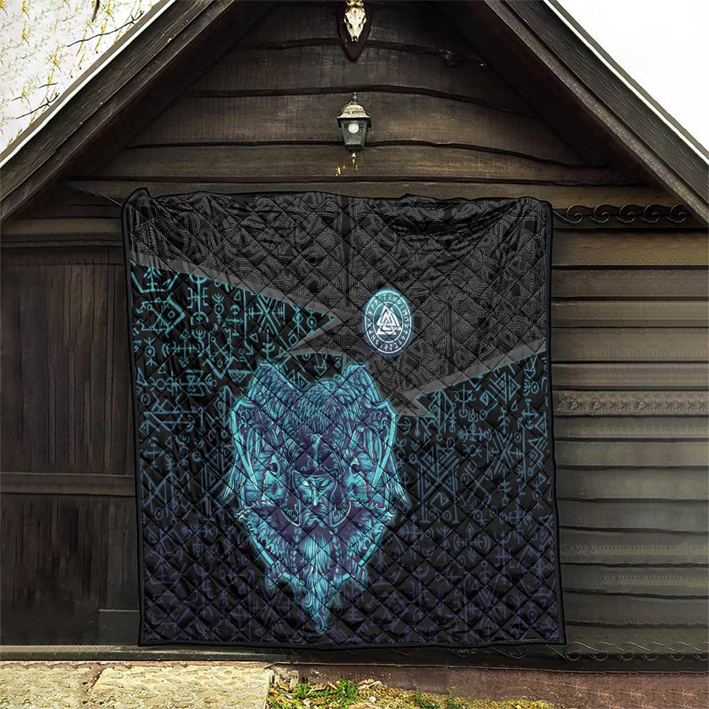 Viking Warrior and Raven Norse Mythology Quilt Neon Line Art with Rune Patterns