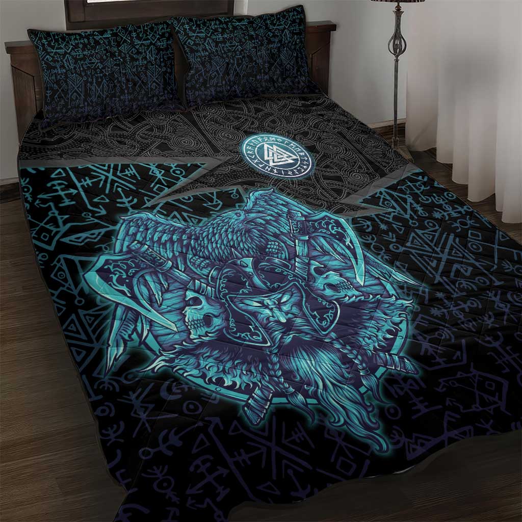 Viking Warrior and Raven Norse Mythology Quilt Bed Set Neon Line Art with Rune Patterns
