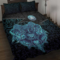 Viking Warrior and Raven Norse Mythology Quilt Bed Set Neon Line Art with Rune Patterns