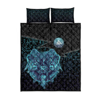 Viking Warrior and Raven Norse Mythology Quilt Bed Set Neon Line Art with Rune Patterns