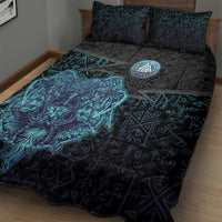 Viking Warrior and Raven Norse Mythology Quilt Bed Set Neon Line Art with Rune Patterns