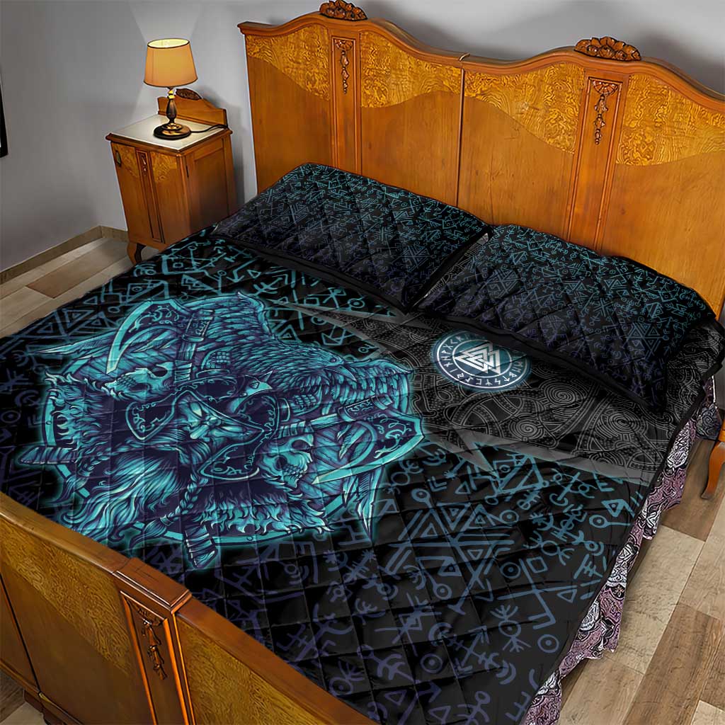 Viking Warrior and Raven Norse Mythology Quilt Bed Set Neon Line Art with Rune Patterns