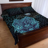 Viking Warrior and Raven Norse Mythology Quilt Bed Set Neon Line Art with Rune Patterns