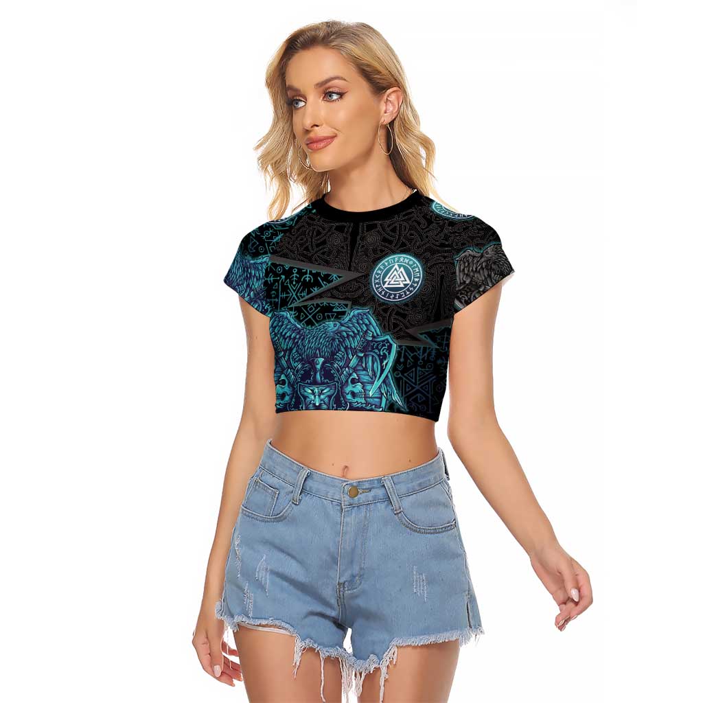 Viking Warrior and Raven Norse Mythology Raglan Cropped T Shirt Neon Line Art with Rune Patterns