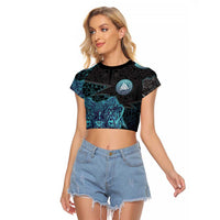 Viking Warrior and Raven Norse Mythology Raglan Cropped T Shirt Neon Line Art with Rune Patterns