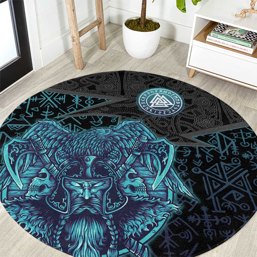 Viking Warrior and Raven Norse Mythology Round Carpet Neon Line Art with Rune Patterns