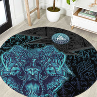 Viking Warrior and Raven Norse Mythology Round Carpet Neon Line Art with Rune Patterns