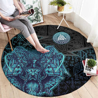 Viking Warrior and Raven Norse Mythology Round Carpet Neon Line Art with Rune Patterns