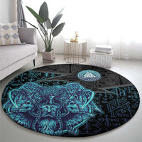 Viking Warrior and Raven Norse Mythology Round Carpet Neon Line Art with Rune Patterns