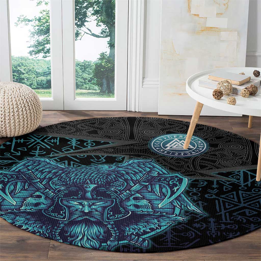 Viking Warrior and Raven Norse Mythology Round Carpet Neon Line Art with Rune Patterns