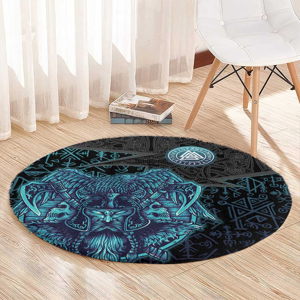 Viking Warrior and Raven Norse Mythology Round Carpet Neon Line Art with Rune Patterns