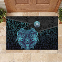 Viking Warrior and Raven Norse Mythology Rubber Doormat Neon Line Art with Rune Patterns