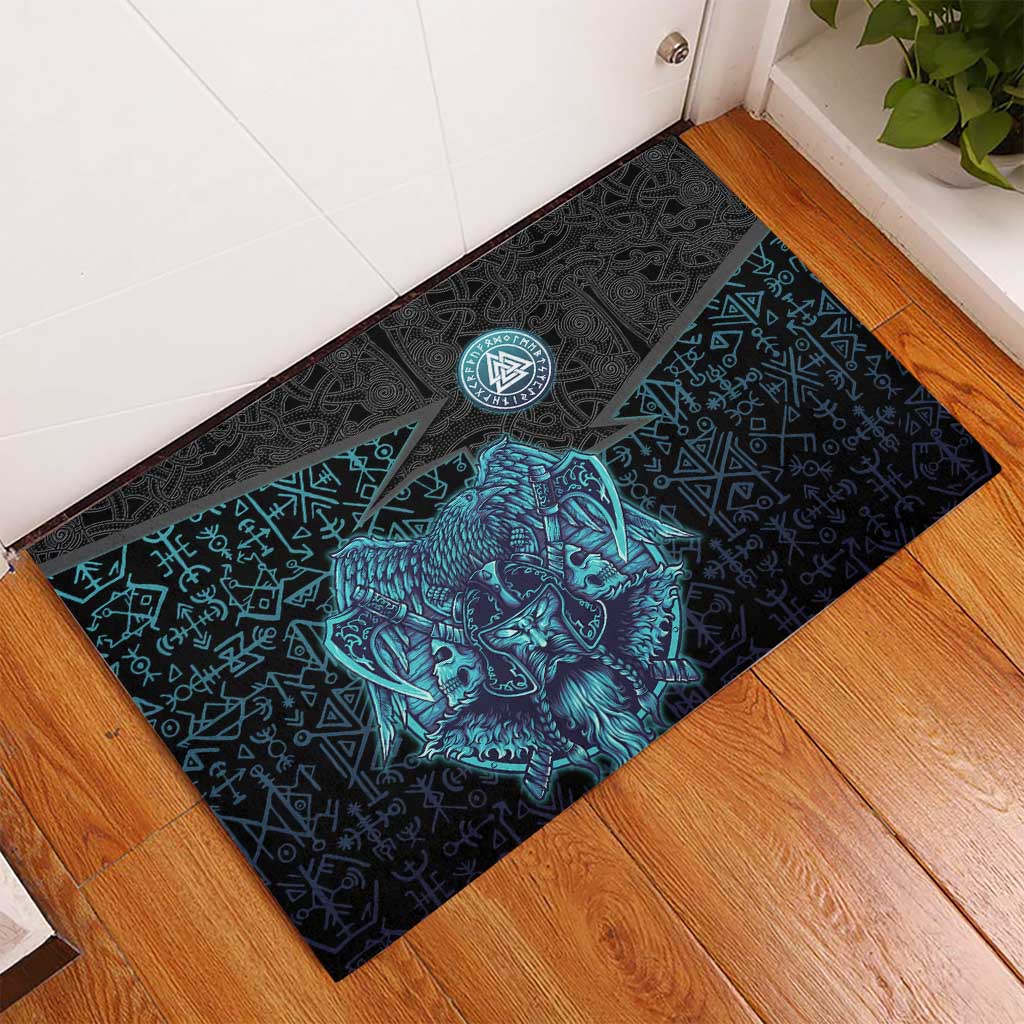 Viking Warrior and Raven Norse Mythology Rubber Doormat Neon Line Art with Rune Patterns