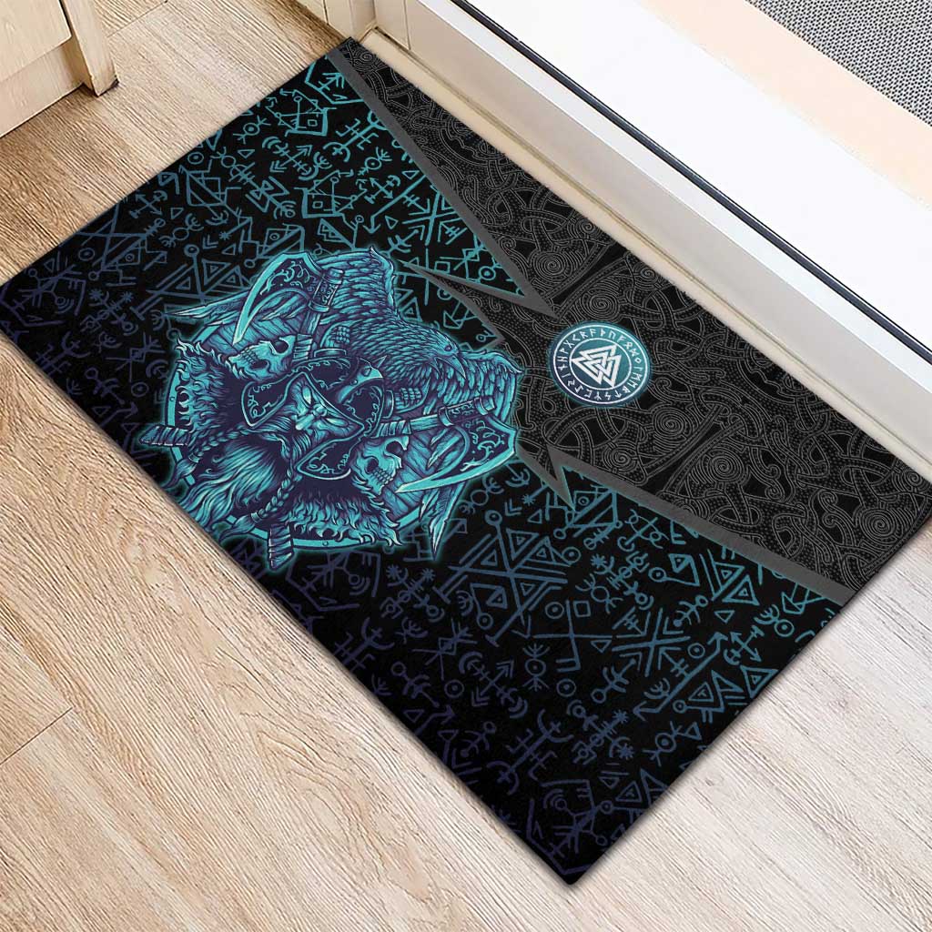 Viking Warrior and Raven Norse Mythology Rubber Doormat Neon Line Art with Rune Patterns