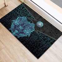 Viking Warrior and Raven Norse Mythology Rubber Doormat Neon Line Art with Rune Patterns